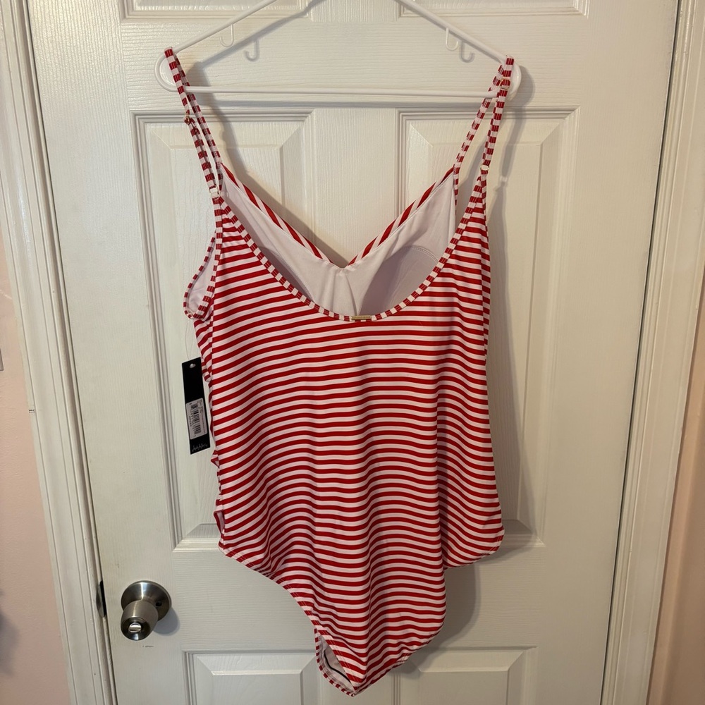 Nicole Miller Red and White Striped One Piece Swimsuit with Flattering Drapery - Picture 8 of 12
